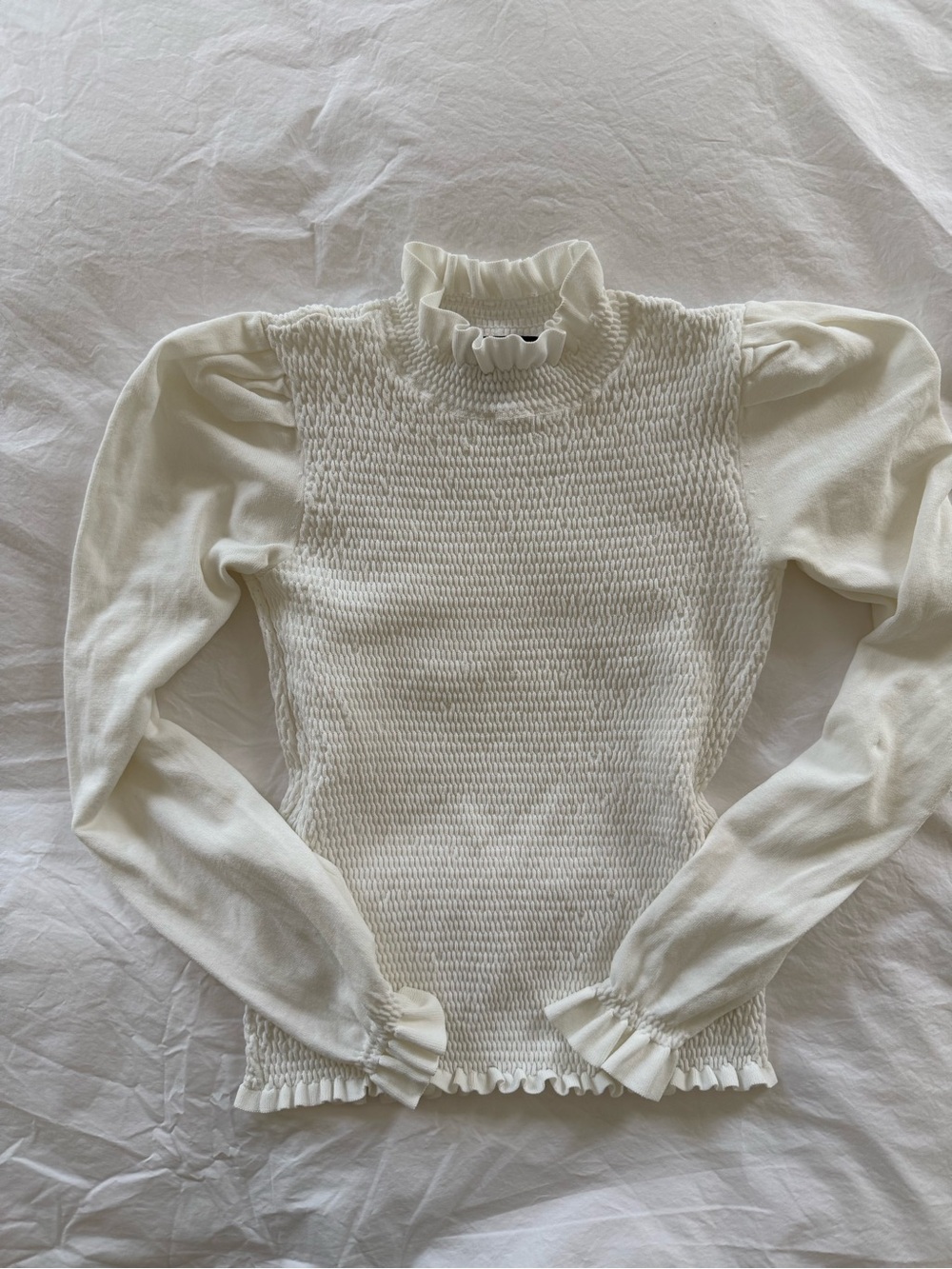 Catherine Malandrino White Smocked Ruffle Knit Top